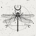 Vector illustration of a hand-drawn dragonfly with sacred geometric symbols on a vintage background Royalty Free Stock Photo